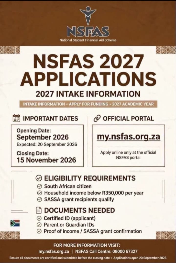 NSFAS 2027 applications poster showing the application dates, eligibility requirements and official portal